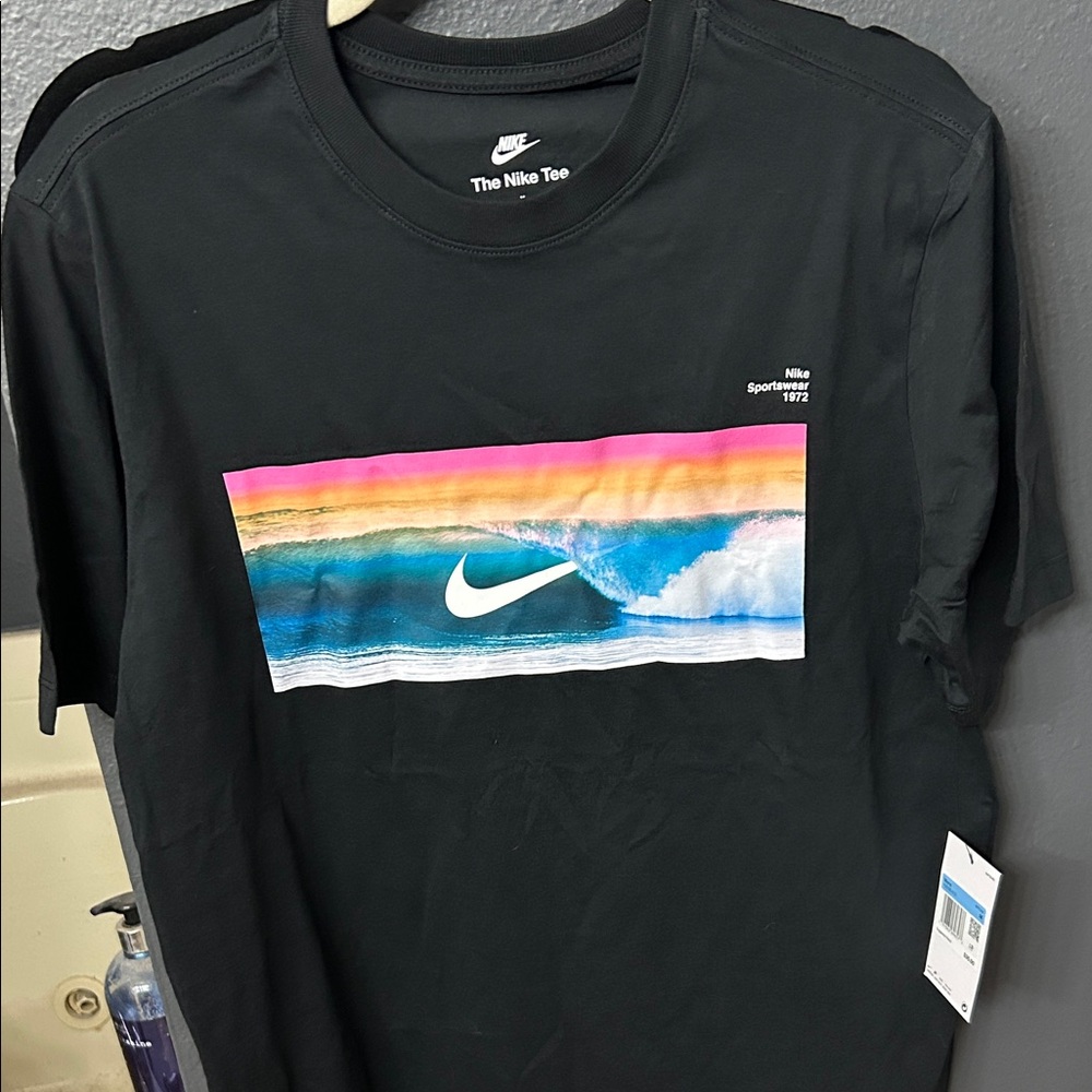 Nike Black Tee with Vibrant Wave Design